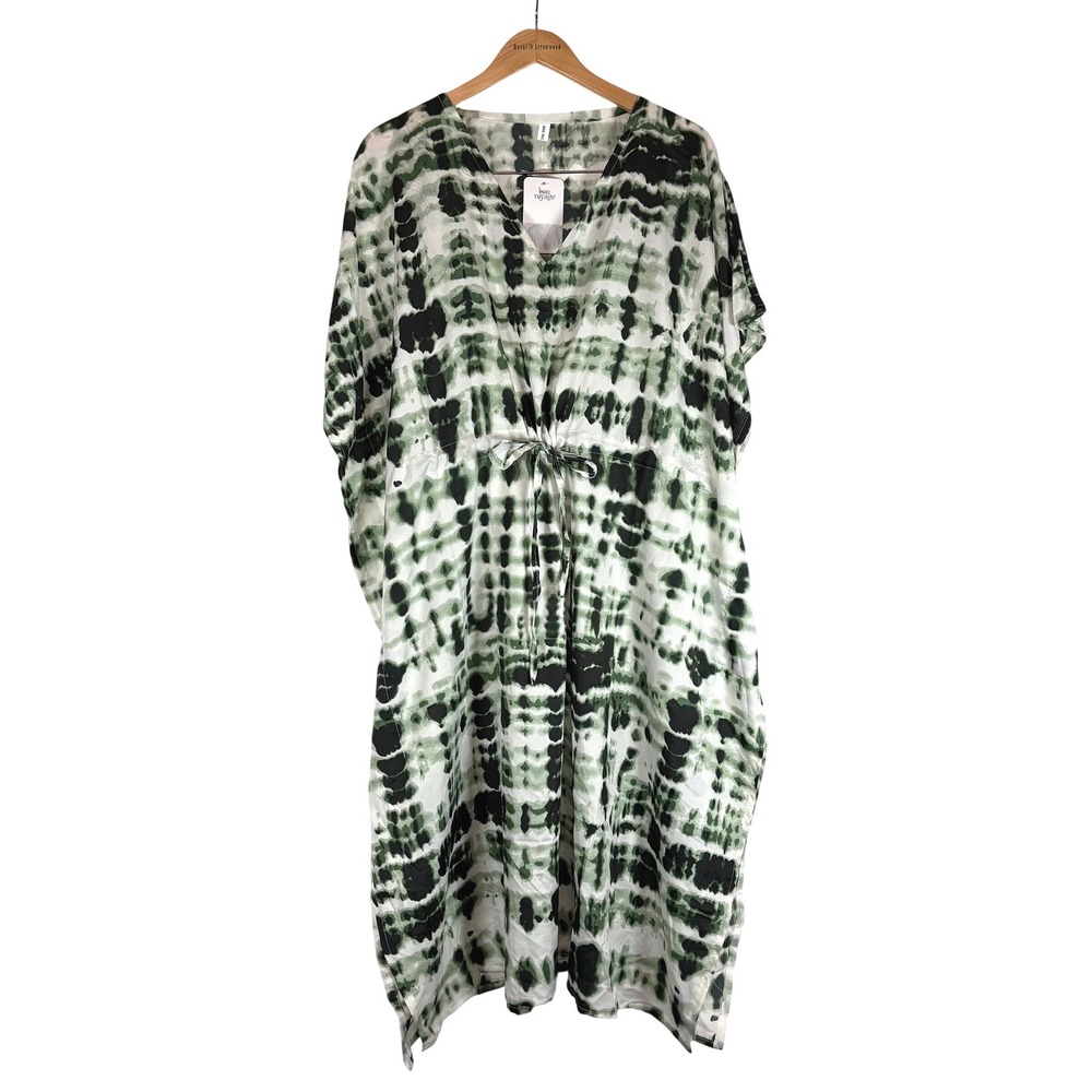 Bon Voyage Long Kaftan Dress Green Black Tie Dye Drawstring Waist One Size NWT